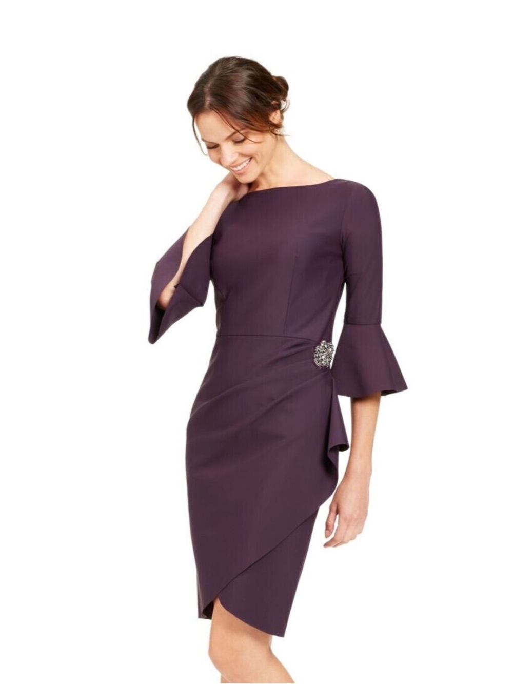 Alex Evenings Plum Bell-Sleeve Sheath Dress with Brooch never worn